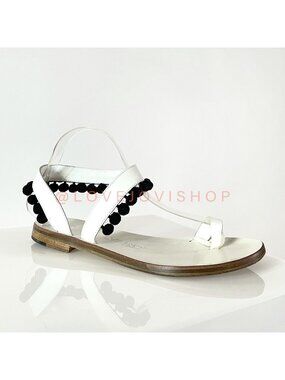 Coastal Boho | Alvaro Gonzalez Pom-Pom Leather Sandals | White Black | Whimsical